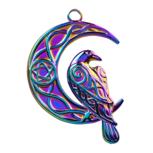 Rainbow stainless steel crescent moon and crow pendant with Celtic knot engravings