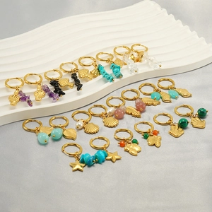 Set of 10 pairs of gold titanium steel earrings with white natural stones and pearls