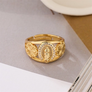 Detail of gold-plated Our Lady of Guadalupe adjustable ring with zircon pave setting