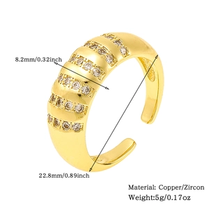 Detail showing gold open ring dimensions with three rows of sparkling zircon stones