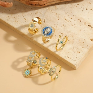 French Vintage 14K Gold Plated Copper Evil Eye Ring Zirconia Flower Star Moon Open Adjustable Ring For Women Jewelry
