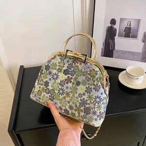 Vintage Floral Handbag Fabric Embroidery Round Metal Handle Retro Crossbody Shoulder Bag Detachable Chain Strap Women
