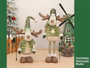 Detail view of telescoping green fabric reindeer plush with adjustable legs and striped scarf