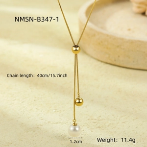 Adjustable golden stainless steel necklace with a 1.2cm pearl pendant and size details
