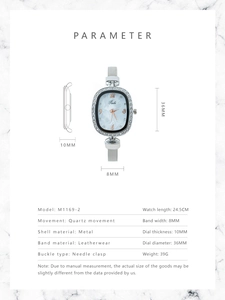 Detailed specs of Tadi women's quartz watch with shell dial and mesh metal band