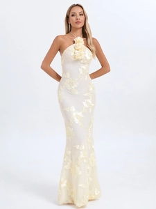 Elegant beige halter neck maxi dress with 3D flower decoration and gold floral embroidery