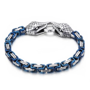 Blue and silver stainless steel Byzantine chain bracelet with dual snake head clasps