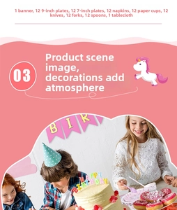 Détails de la vaisselle licorne rose avec assiettes, gobelets et serviettes de fête