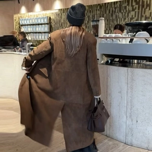 Trench Coat Long Pour Femmes Suédine Double Boutonnage Revers Coupe Ample Manteau Style Britannique Automne Hiver