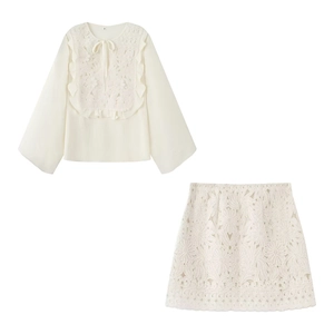 Women Casual Lace Embroidery Long Sleeve Ruffle Tie Up Top and Mini Bodycon Skirt Elegant Summer White Outfit