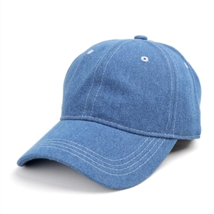 Detail of light blue washed denim baseball cap with triple stitching on curved brim
