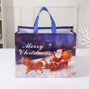 Large Merry Christmas non-woven gift bag with Santa Claus and reindeer printing