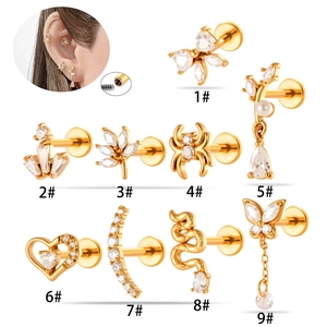 Set di 9 gioielli in acciaio inossidabile dorato per labbra e cartilagine con zirconi
