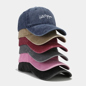 Washed cotton baseball caps in 6 colors with Hello Gorgeous embroidery detail
