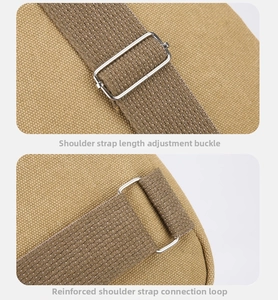 Detail of adjustable canvas shoulder strap with reinforced metal buckle and D-ring