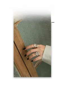 Close-up of S925 sterling silver chain link and abstract curved rings on fingers