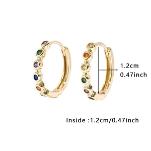 Detail showing 1.2cm gold rainbow cubic zirconia hoop earrings with precise size measurements