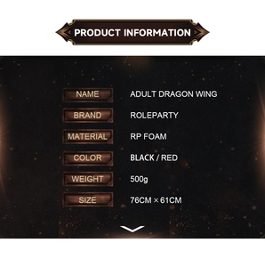 Spécifications des ailes de dragon en mousse RP, dimensions 76x61cm et poids de 500g