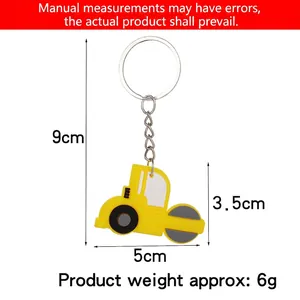 Yellow PVC steam roller construction vehicle keychain with silver metal ring