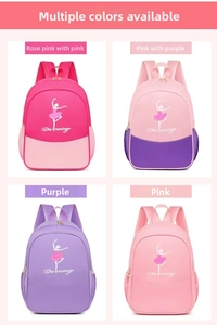 Detailed view of children ballet backpacks in four colors with dancer silhouettes
