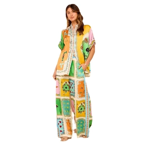 Women's summer two-piece leisure set with printed short sleeve shirt and wide leg pants