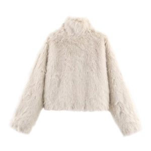Back view of a luxury cream faux fur jacket with a high stand collar for winter