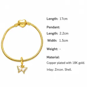 Detail showing 17cm gold chain with 2.2cm zircon butterfly pendant dimensions and material