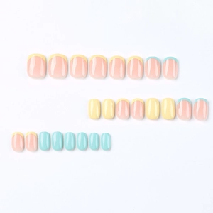 Kurze quadratische Macaron-Farben künstliche Nägel in Rosa, Gelb, Mint und Orange