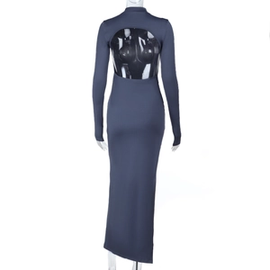 Detailed back view of a grey slim-fit backless maxi dress with a chic high neckline