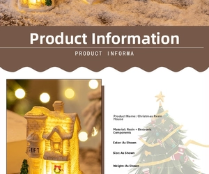 Detailed close-up of LED glowing resin Christmas house with warm light and snow texture