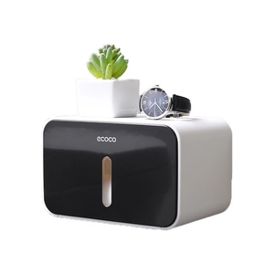 Wall-mounted waterproof toilet paper holder with black viewing window and storage shelf