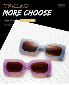Detail view of retro square translucent frames in grey-blue and purple hip-hop sunglasses