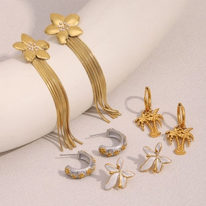 Boucles D'oreilles En Acier Inoxydable Plaquées Or 18K Fleur Cocotier Palmier Long Frange Bijoux Mode Pour Femmes