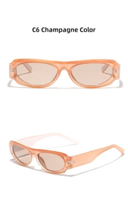 Detail view of champagne Y2K oval sunglasses with transparent frames and metal hinges