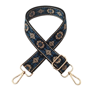 Close-up of jacquard floral pattern on 3.8cm wide strap with gold metal lobster clasps