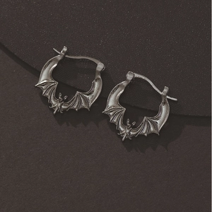 Gothic vampire bat hoop earrings in vintage silver metal for Halloween fashion styling