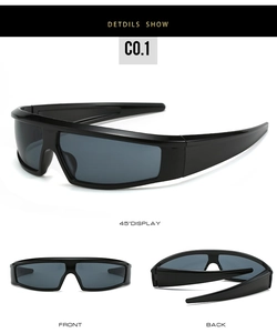 Three-way view of Y2K sports sunglasses showing front, back, and 45-degree angle profile