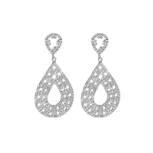 Elegant silver teardrop dangle earrings with sparkling rhinestones and hollow mesh design