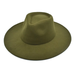 Top view of olive green wide brim wool fedora hat with reinforced stitching and fiber texture