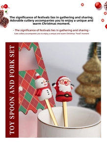 Close-up of golden Christmas spoons and forks with Santa and snowman toppers in a gift box