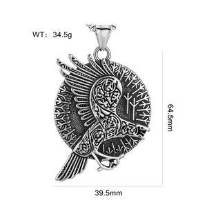 Viking raven totem stainless steel pendant in vintage silver finish with measurements