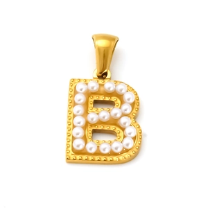 Golden 18K stainless steel letter B pendant with pearls and rhinestones on white background