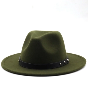 Close-up of olive green wool fedora with black leather belt and silver rivet details