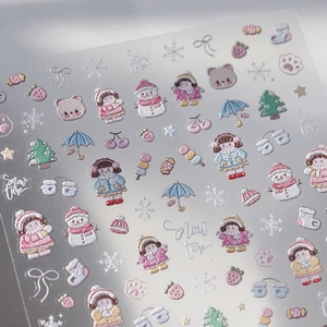 Winter cartoon nail art stickers with embossed snow girl, snowman and glitter finish