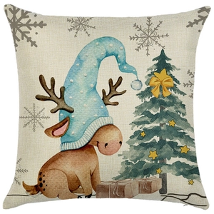 Christmas light blue pillow cover with watercolor reindeer and festive snowflake patterns