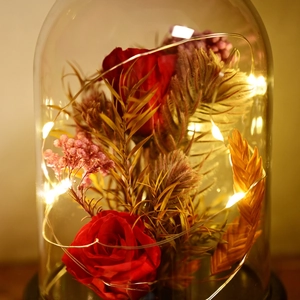 Detail of red preserved roses in a glass dome with warm LED lights on a black base