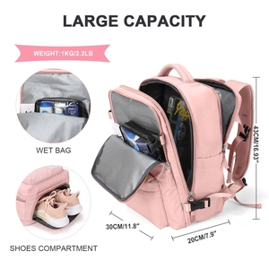 Pink travel backpack detail showing 30x20x43cm size, wet pocket and shoe compartment