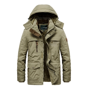 Men's olive green fleece-lined hooded jacket with windproof fabric and cargo pockets