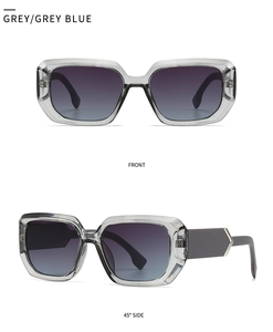 Front and side view of square sunglasses with grey frames and blue gradient lenses