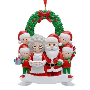 Personalized Christmas family resin hanging ornament with 6 Santa and elf characters